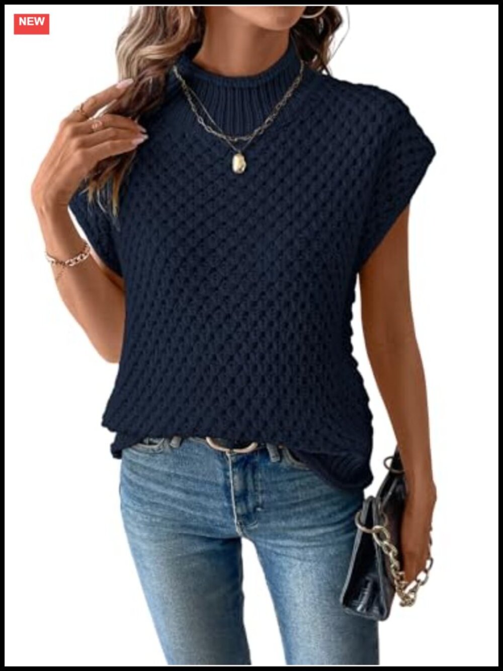 Women's Crochet Knit Sweater Vest Mock Neck Cap Sleeve Fall Pullover